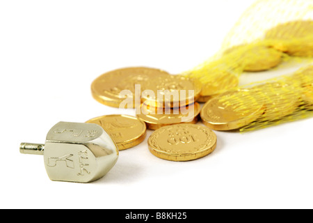 Chanukka Dreidel und Schokolade Gelt Münzen Stockfoto