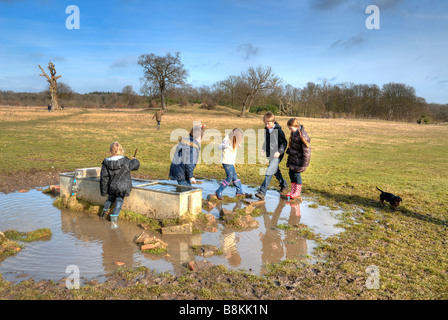 Gruppe von Kindern beim Spielen im Schlamm und Wasser Stockfoto