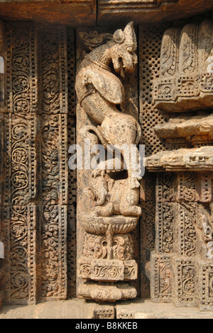 Vyala Figur Elefant-auf den wichtigsten Tempel in der Nähe der Eingangstür. Konark Sun Temple, Orissa, Indien. Stockfoto