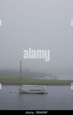 Einem einzigen Masten Ausflugsschiff angebunden in einem ruhigen, neblig trübe Hafen, Martha es Vineyard, MA USA Stockfoto