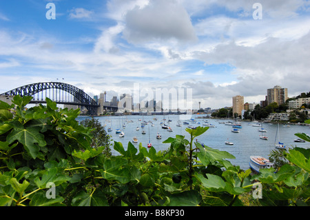 Ein Blick auf Sydney und die Sydney Harbour Bridge vom Parkland über Lavendel-Bucht an der Nordküste Sydneys. Stockfoto