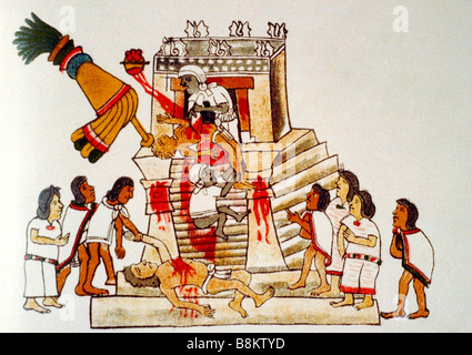 Aztekische Priester Durchführung der Opfergabe eines lebenden menschlichen ist Herz der Kriegsgott Huitzilopochtli Stockfoto