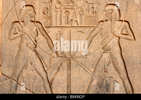 Zwei Figuren von Gott glücklich, obere darstellt und Unterägypten binden von Lotus und Papyrus um Nils, Relief Wanddetail, Luxor-Tempel Stockfoto