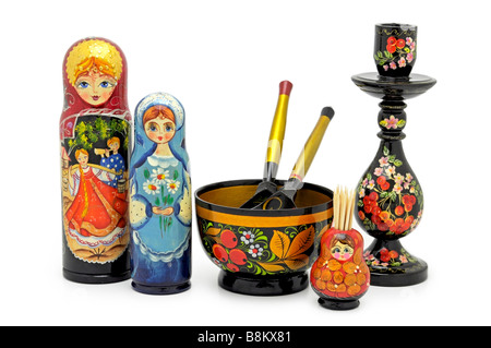 Russische Souvenirs, Kunsthandwerk. Zwei Mantryona Puppen, Variation der Matroschka. Stockfoto