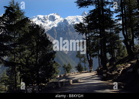 Die Panoramastraße nach unten von Kalpa in Kinnaur Tal von Himachal Pradesh in Nordindien Stockfoto