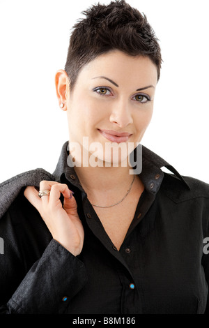 Porträt der glückliche junge Geschäftsfrau lächelnd isoliert auf weißem Hintergrund Stockfoto