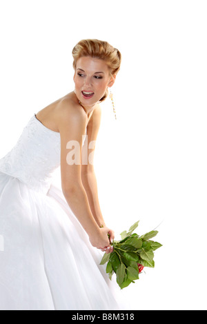 Braut Hochzeit Kleid Brautstrauß werfen Stockfoto