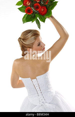 Braut Hochzeit Kleid Brautstrauß werfen Stockfoto