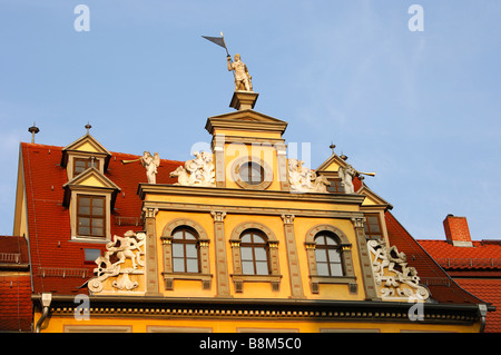 Giebel des Renaissance Haus zum Roten Ochsen am Fisch Marktplatz, Fischmarkt, in der alten Stadt Erfurt, Thüringen Stockfoto