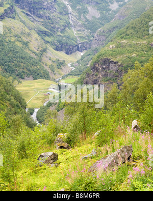 Blick auf das Flaam-Tal, von in der Nähe von Vatnahalsen, Blick hinunter ins Tal in Richtung Flaam, Norwegen Stockfoto