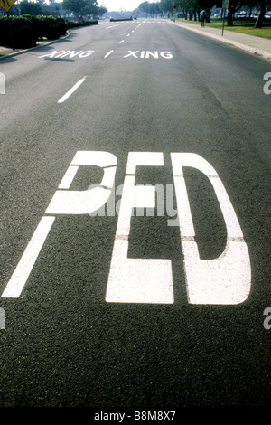 PED Xing-Zeichen auf die Straße gemalt warnt vor der bevorstehenden Fußgängerüberweg voraus. Stockfoto