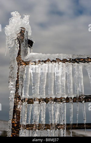 Eis auf ein Tor mit Wasser aus undichten Rohr gebildet Stockfoto