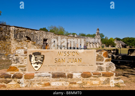 Mission San Juan Ortseingangsschild San Antonio Missionen historischen Nationalpark uns National Park Service touristische destination Stockfoto