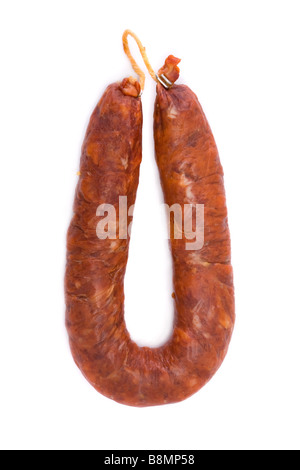 Iberische Chorizo von Barrancos - Region Alentejo, Portugal (Chouriço) - isoliert auf weiss Stockfoto