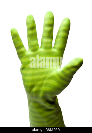 Weibliche Hand in Gummihandschuh auf weißen Ausschnitt Herr Stockfoto