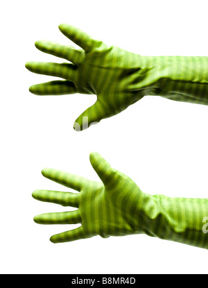 Weibliche Hände in Gummihandschuhe stretching auf weißen Ausschnitt Herr Stockfoto