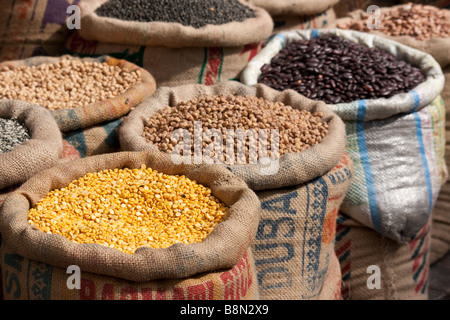 Marktstand zahlreiche biologische und natürliche gesundes Saatgut Lebensmittel zu verkaufen. Säcke mit Impulsen und verschiedene Hülsenfrüchte oder Trockenfutter in Indien mit bunten display Stockfoto