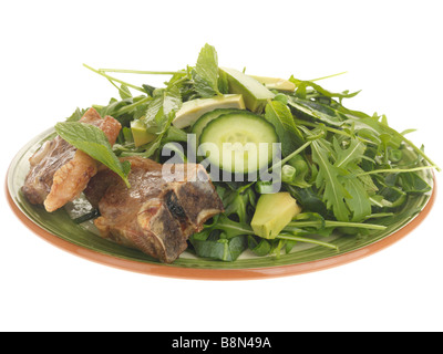 Ein frisch zubereitetes, zarte süße Lammkoteletts mit Avocado Salat und Rucola Blätter gegen einen weißen Hintergrund mit keine Menschen und einen Freistellungspfad isoliert Stockfoto