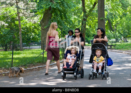 Zwei Frauen schieben Kleinkinder im Kinderwagen und eine Frau, einen kleinen Hund im Central park Stockfoto