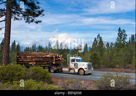 Protokollierung von LKW auf SR 89 (CA) vor Mount Shasta, Kalifornien, USA Stockfoto