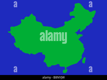 Grüne Umriß von China auf blauem Hintergrund isoliert Stockfoto