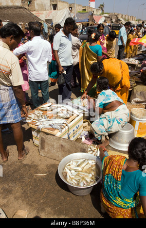 Indien-Tamil Nadu Chennai Strand Fisch Markt kleine am Straßenrand Stall zu verkaufen frisch gefangenen Meeresfrüchte Stockfoto