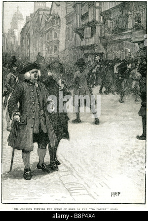 Dr. Samuel Johnson betrachten Szene einige keinen Papismus Unruhen Spielidee Grub Street Journalist Dichter Essayist Moralist Schriftsteller Stockfoto