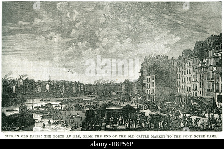 Blick auf die Altstadt Paris die Macht der Porte au Ble vom Ende des alten Viehmarkt, der Pont Notre Dame 1793 Stockfoto