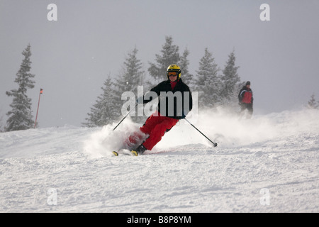 Skifahren mit frischer Schneedecke auf der Skipiste in den österreichischen Alpen im Winterschnee. Österreich Europa Stockfoto