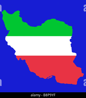 Flagge der farbigen Umriß des Iran isoliert auf blauem Hintergrund mit Beschneidungspfad Stockfoto