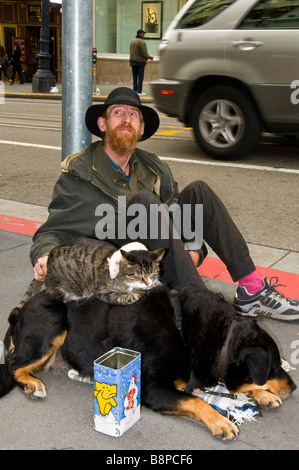 Obdachloser mit Hund, Katze und Maus und Blechdose sitzen auf der Straße in San Francisco Kalifornien nach Geld zu Fragen "redaktionelle Nutzung Stockfoto