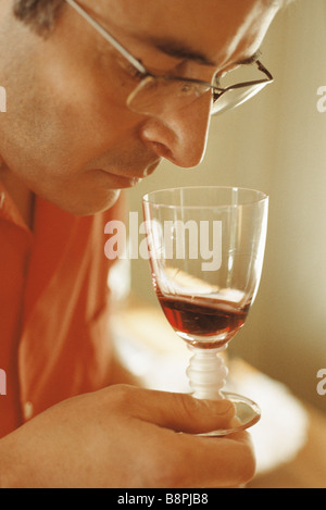 Man riecht Rotwein im Glas Wein Stockfoto