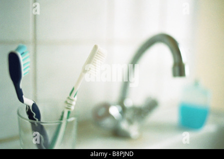 Zahnbürsten im Glas Stockfoto