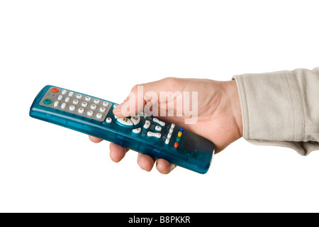 Hand mit einer TV-Fernbedienung Stockfoto