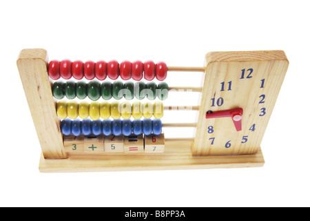 Hölzerne Kinder Abacus mit Uhr Stockfoto