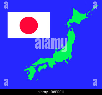 Insel von Japan Karte Umriss und Fahne in grün auf blauem Hintergrund mit Beschneidungspfad isoliert Stockfoto