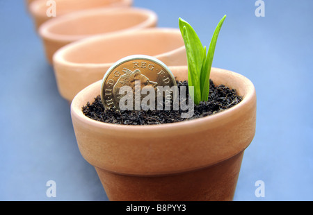 BRITISCHE PFUND-MÜNZE "WÄCHST" MIT GREENSHOOTS IM BLUMENTOPF... WIRTSCHAFTLICHE ERHOLUNG/WÄCHST IHRE ERSPARNISSE... Stockfoto