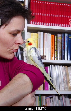 Nymphensittich (Nymphicus Hollandicus), Frau streicheln ein Nymphensittich am Arm, steht man vor einem Bücherregal Stockfoto
