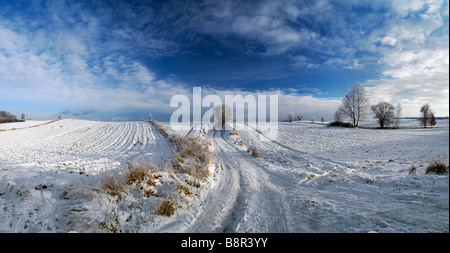 Panoramafoto Winterlandschaft in der Nähe von Mragowo, Ermland Masuren Lake District Provinz, Polen Stockfoto