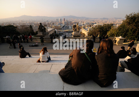 Panoramablick auf die Stadt vom "Palau Nacional de Montjuic", Haus der das nationale Kunstmuseum von Katalonien. Barcelona. Spanien Stockfoto