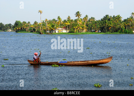 Mann im Kanu auf den Backwaters von Kerala, Südindien. Stockfoto