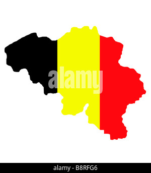 Karte von Belgien mit Nationalflagge Farben isoliert auf weißem Hintergrund mit Beschneidungspfad Stockfoto