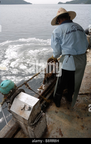 Mechanische Reinigung der marine Bewuchs vom Zahnrad auf Boot japanische Perle Bauernhof Darvel Bay Sulusee Malaysia Sout-Ost-Asien Stockfoto