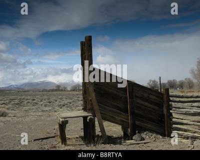 Rinder-Rutsche und Corral mit schneebedeckten Bergen im Hintergrund Stockfoto