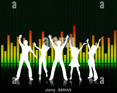 Silhouetten von Menschen tanzen auf grafische Equalizer Hintergrund Stockfoto