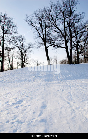 Braune Kälte verbinden Abdeckung bedeckt Kurve Tag doppelte Linien Route Ski Track Tracks Flake Flow Fußweg Einfrieren Frost gefrorenen Granit ich Stockfoto