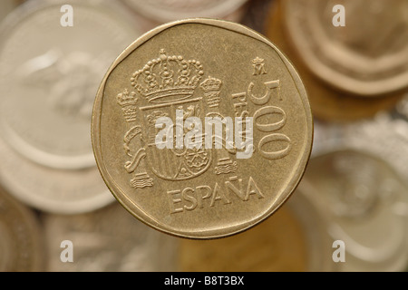 Spanien Spanisch 500 Peseten-Münze in Spanien vor der Einführung der einheitlichen Währung verwendet Stockfoto