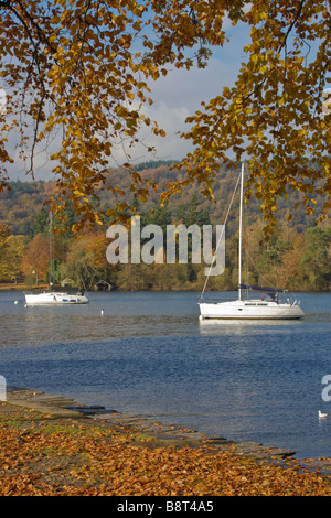 Festgemachten Jachten auf Windermere See im Herbst Bowness Seenplatte Cumbria England Stockfoto