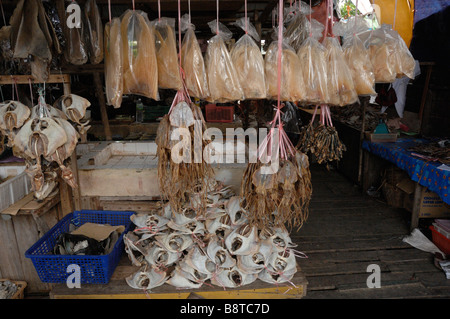 Getrockneter Fisch stall getrockneter Fischmarkt Semporna Sabah Malaysia Borneo Süd-Ost-Asien Stockfoto
