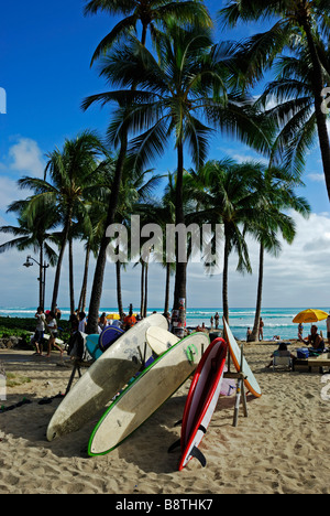 Surfbretter auf Waikiki Beach, Honolulu, Oahu, Hawaii. Stockfoto